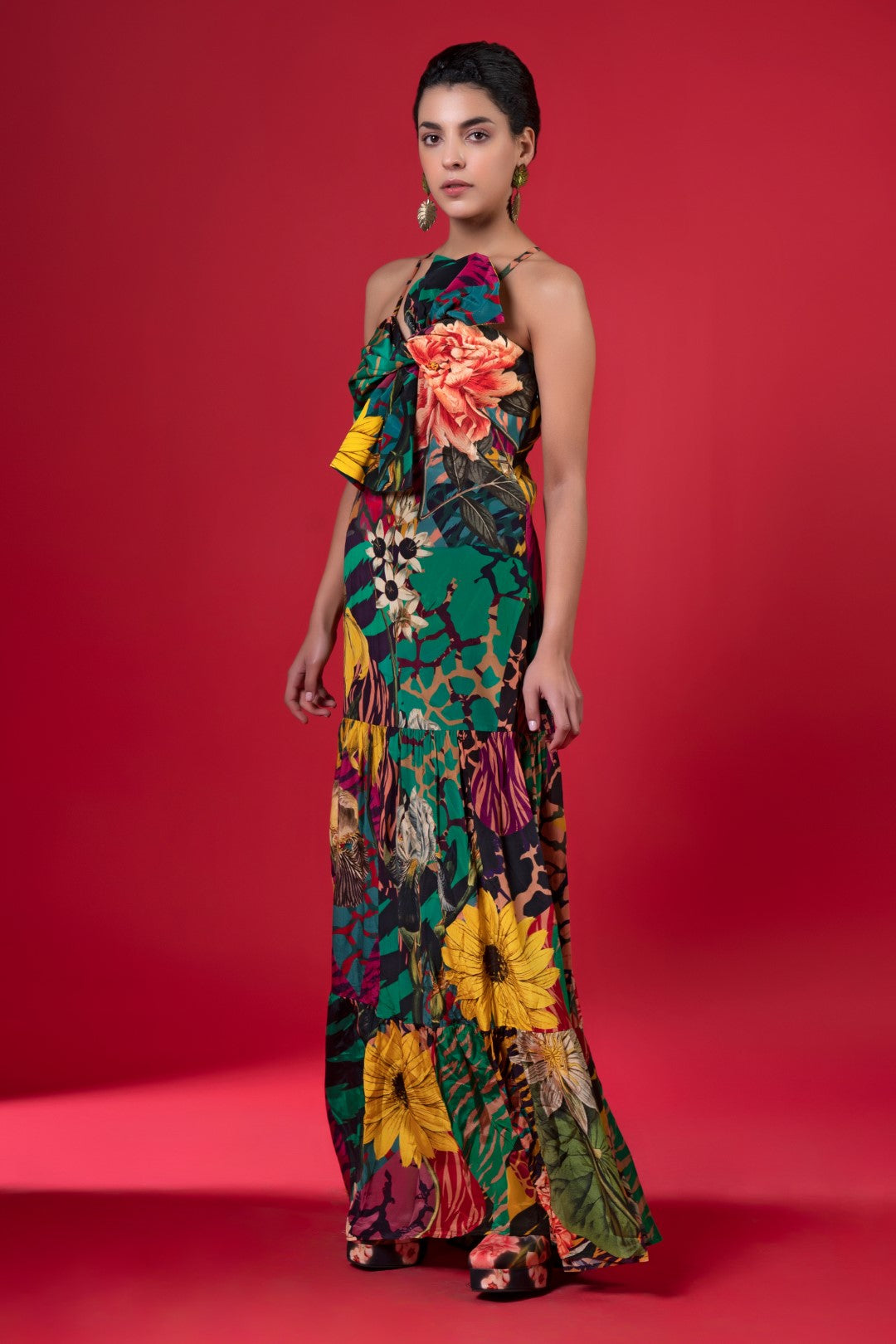 Juniper Print Front Bow Tie Tier Dress-Siddhartha Bansal