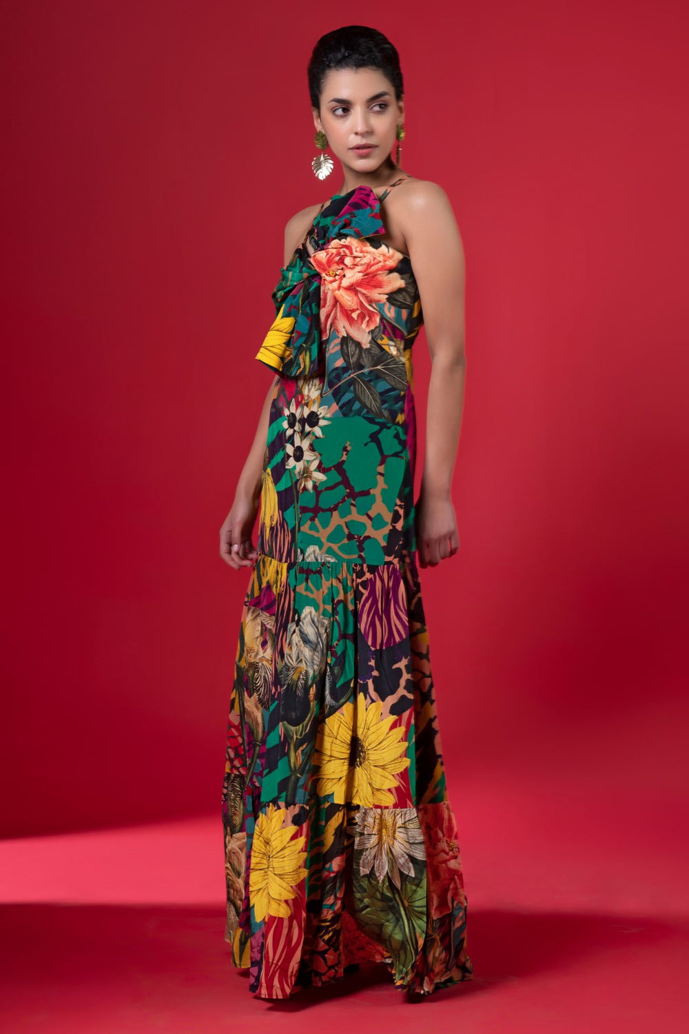 Juniper Print Front Bow Tie Tier Dress-Siddhartha Bansal