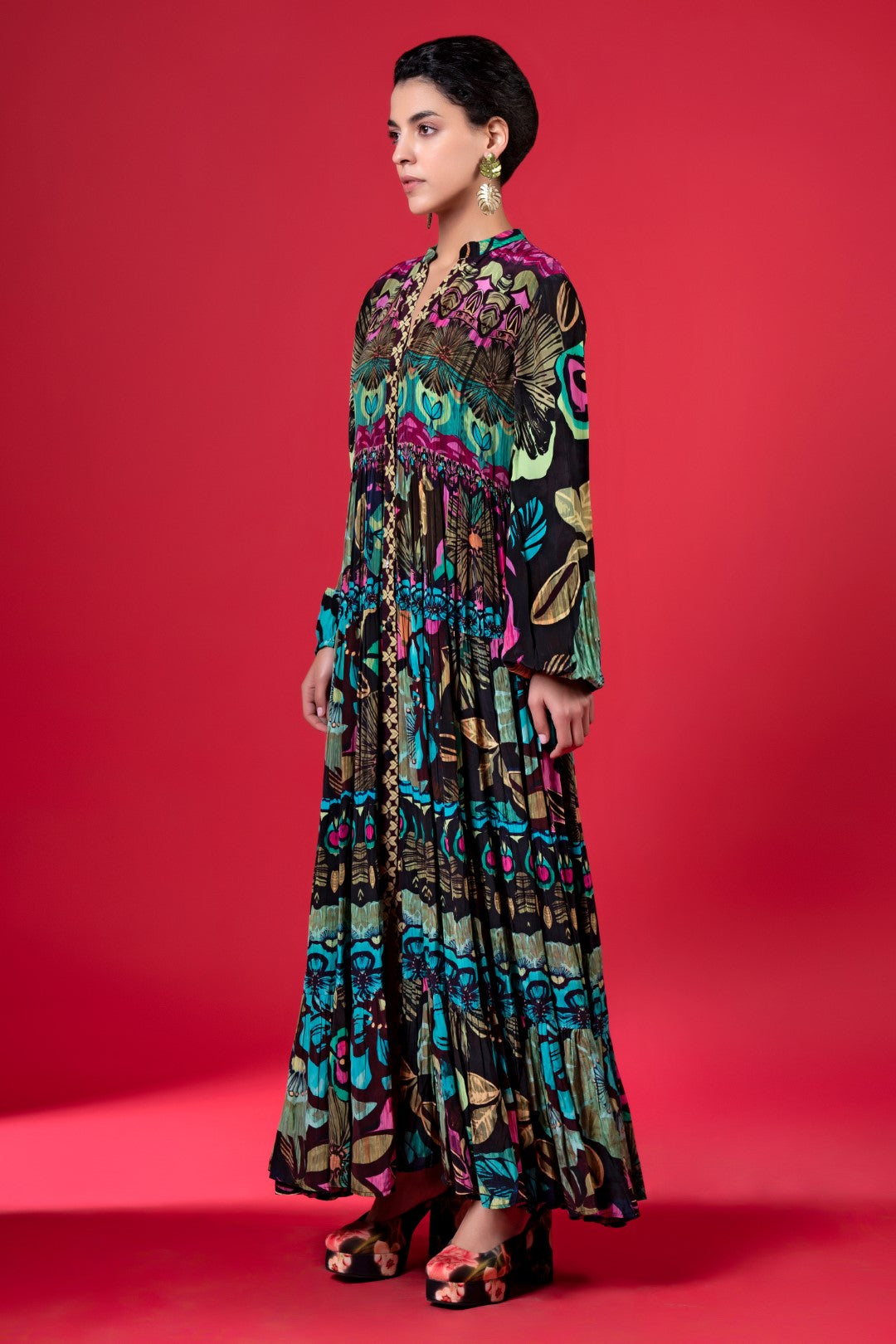 Sylvan Print Front Button Down Tier Dress-Siddhartha Bansal