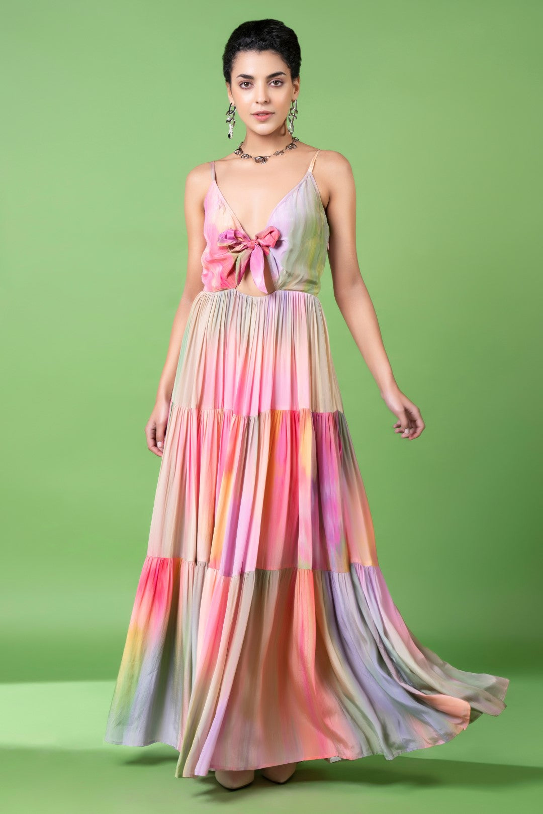Drizzly Floral Front Bow Tiered Dress-Siddhartha Bansal