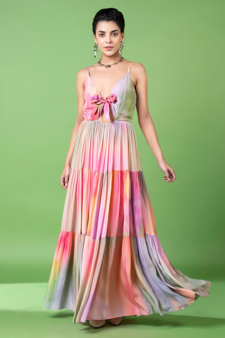 Drizzly Floral Front Bow Tiered Dress-Siddhartha Bansal