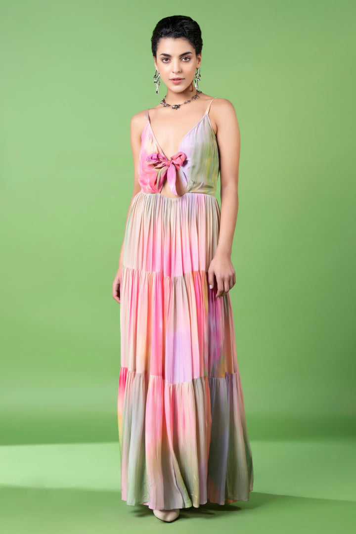 Drizzly Floral Front Bow Tiered Dress-Siddhartha Bansal