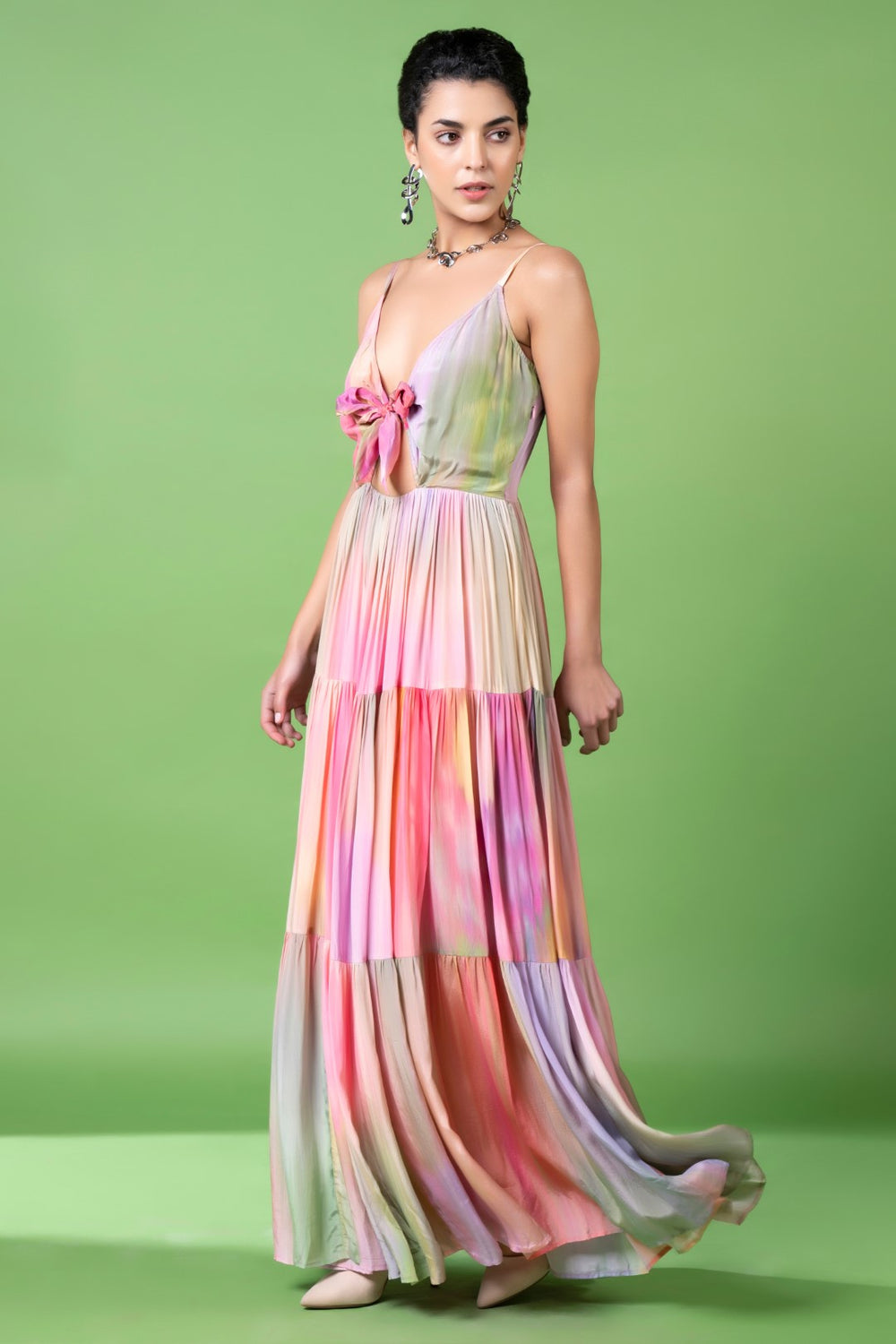 Drizzly Floral Front Bow Tiered Dress-Siddhartha Bansal