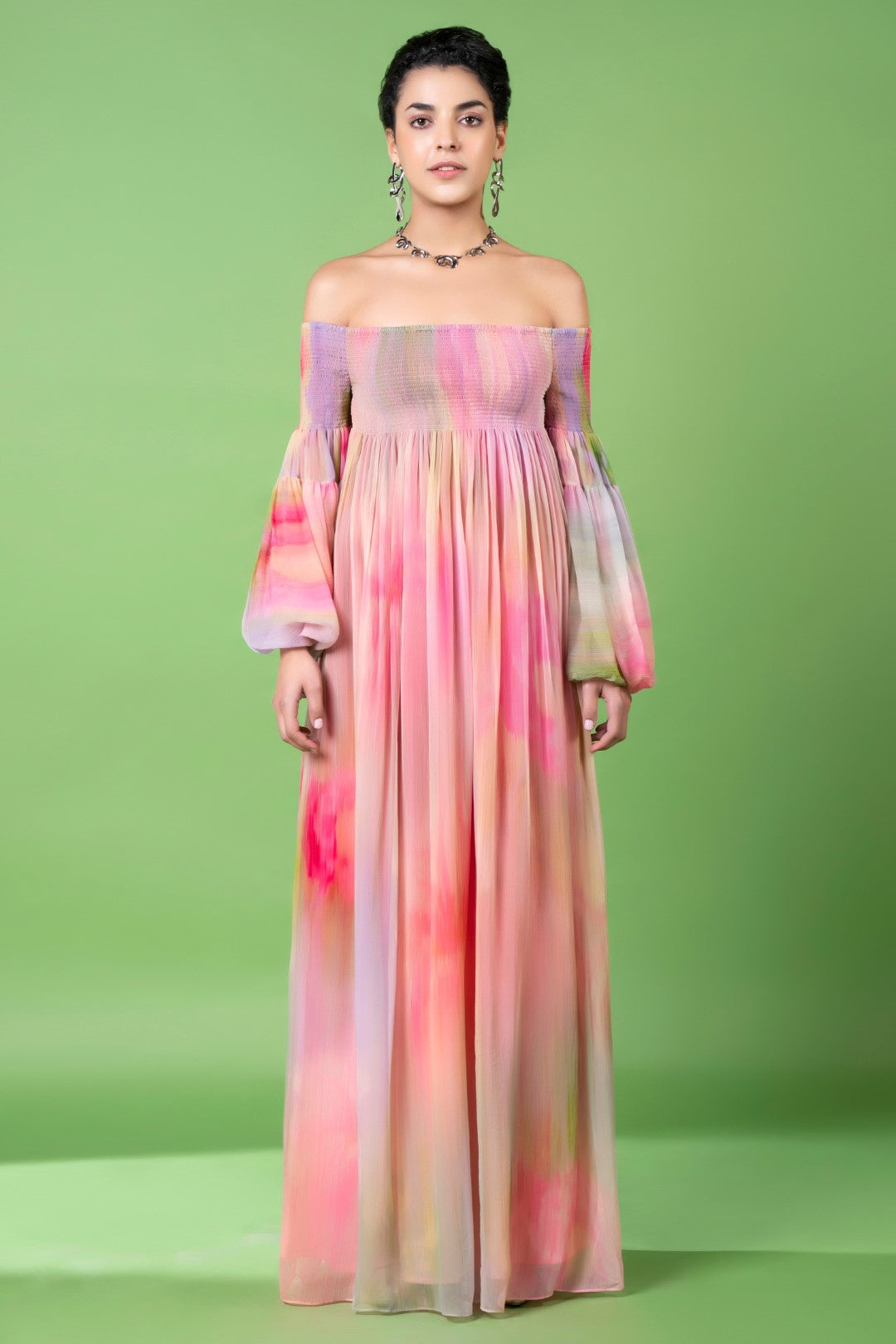 Drizzly Floral Off Shoulder Dress-Siddhartha Bansal
