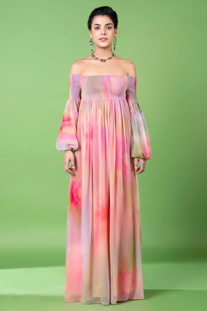 Drizzly Floral Off Shoulder Dress-Siddhartha Bansal