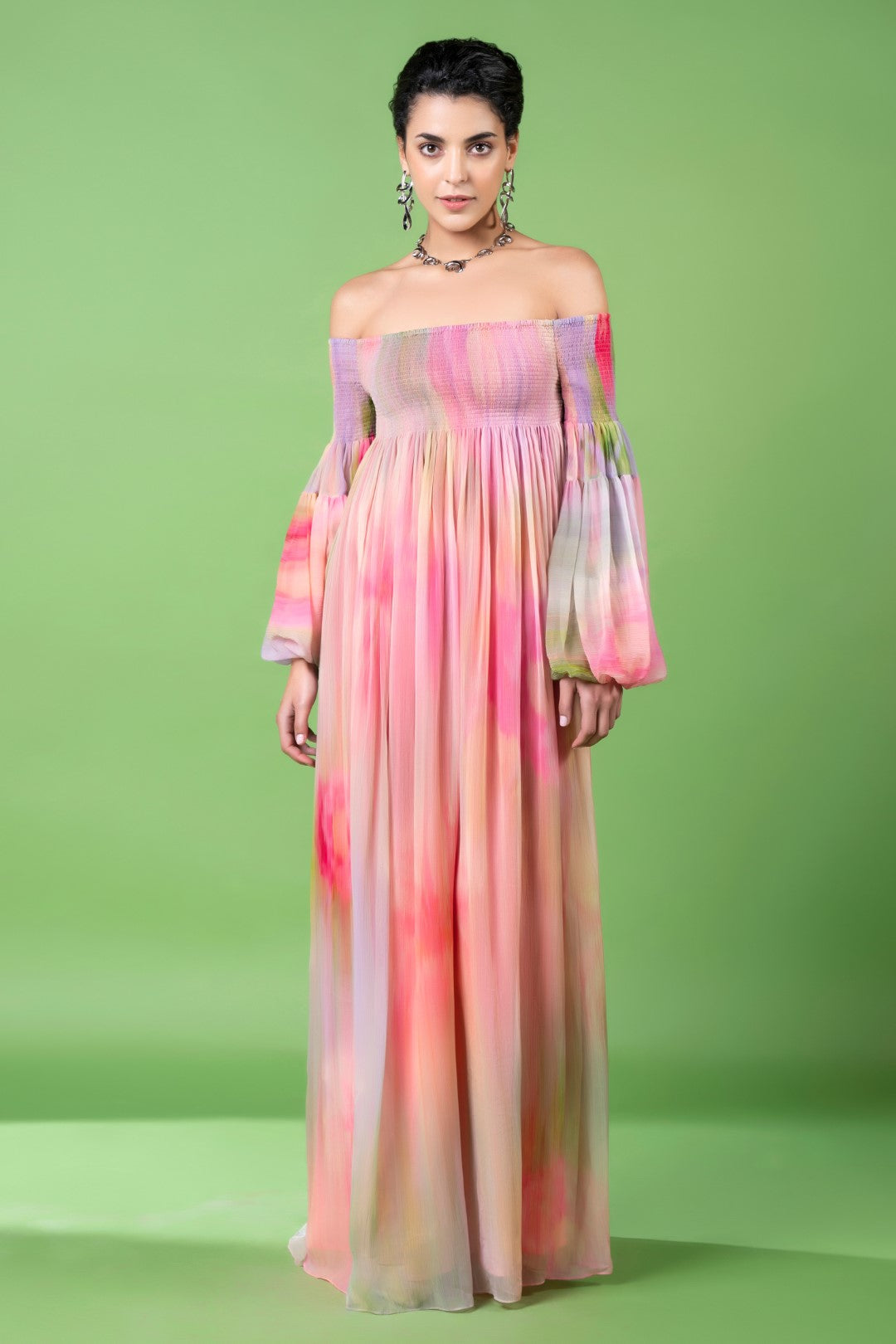Drizzly Floral Off Shoulder Dress-Siddhartha Bansal