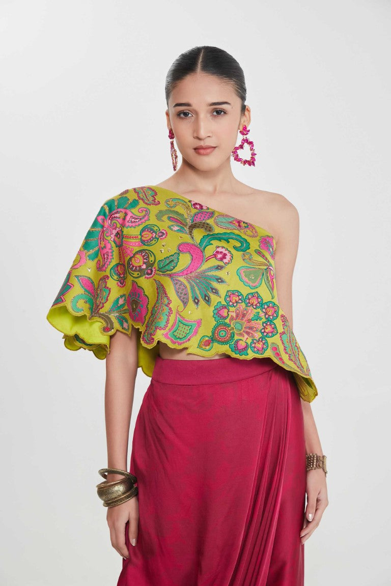 AMBER ONE SHOULDER TOP AND DRAPE SKIRT-Kaftan-Siddhartha Bansal