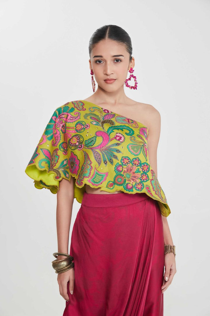 AMBER ONE SHOULDER TOP AND DRAPE SKIRT-Kaftan-Siddhartha Bansal