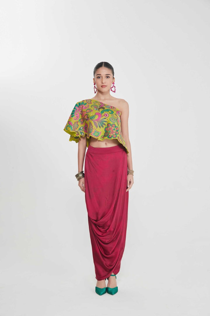 AMBER ONE SHOULDER TOP AND DRAPE SKIRT-Kaftan-Siddhartha Bansal