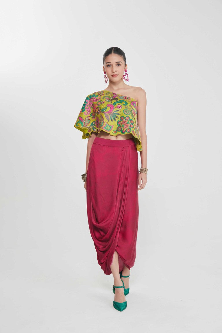 AMBER ONE SHOULDER TOP AND DRAPE SKIRT-Kaftan-Siddhartha Bansal