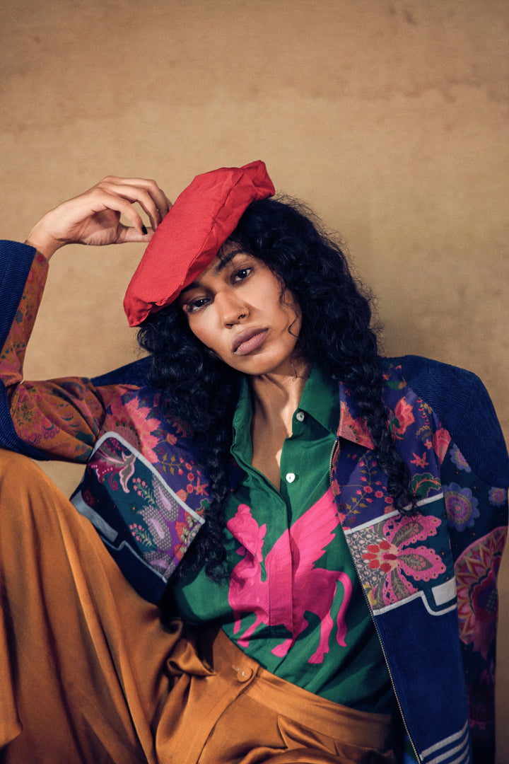 Printed Cotrise Pocket Jacket And Golden Front Pleated Pant Set