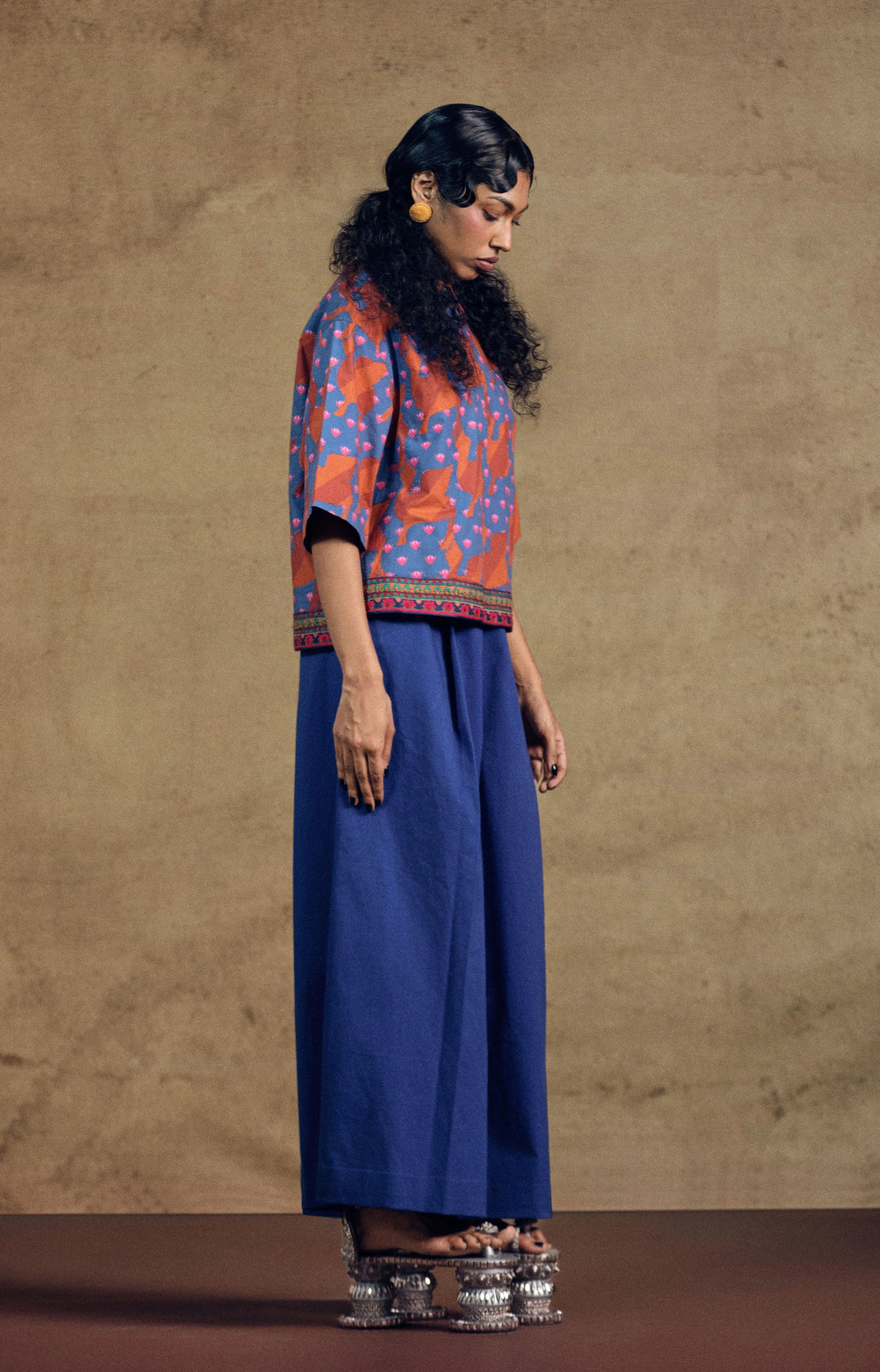 Kamdhenu Aplique Top And Blue Flarred Pant Set