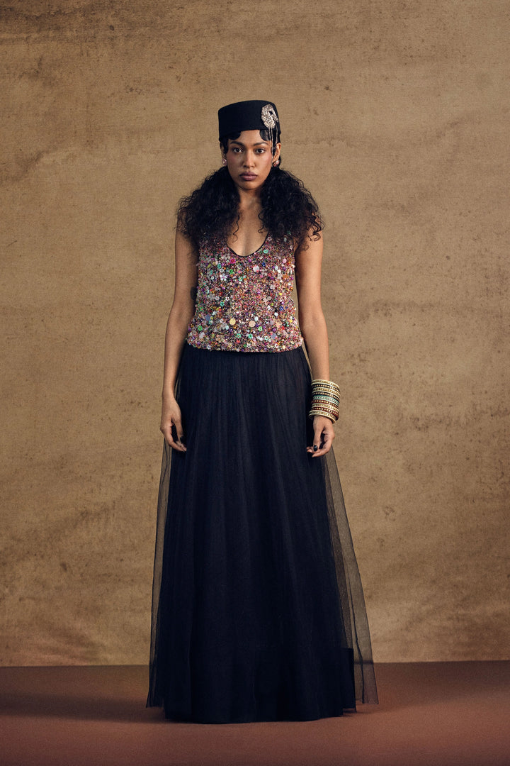 Sufi Embroidery Top And Layered Skirt Set