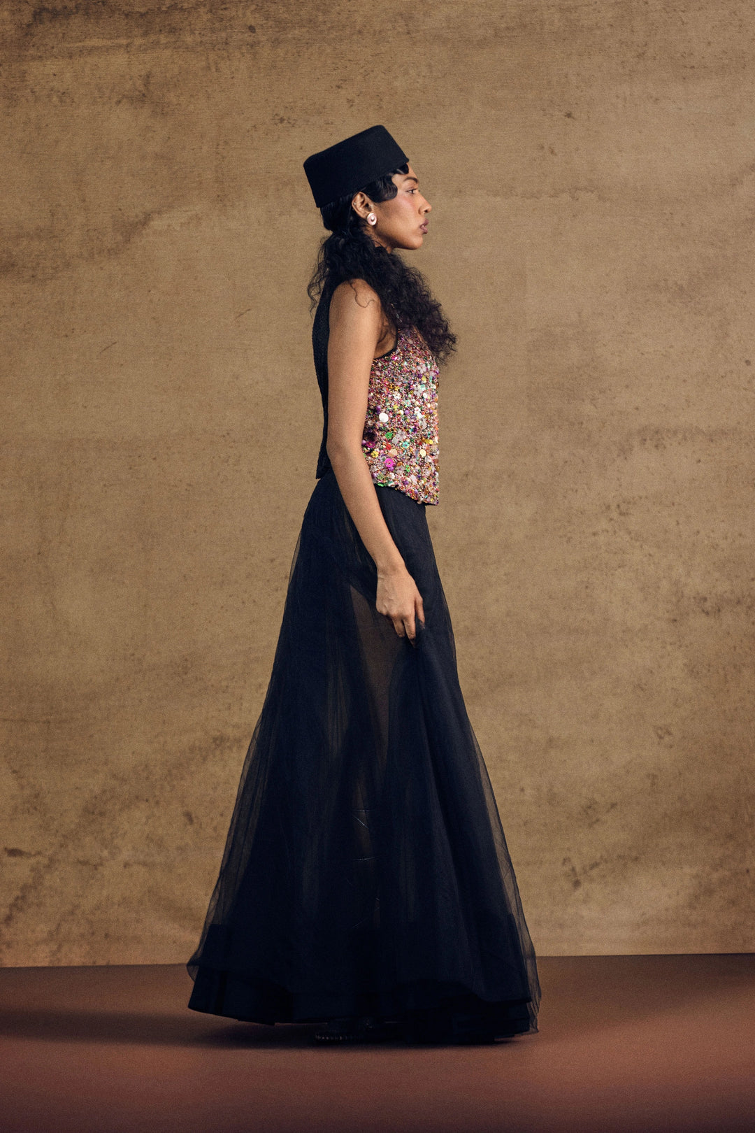 Sufi Embroidery Top And Layered Skirt Set