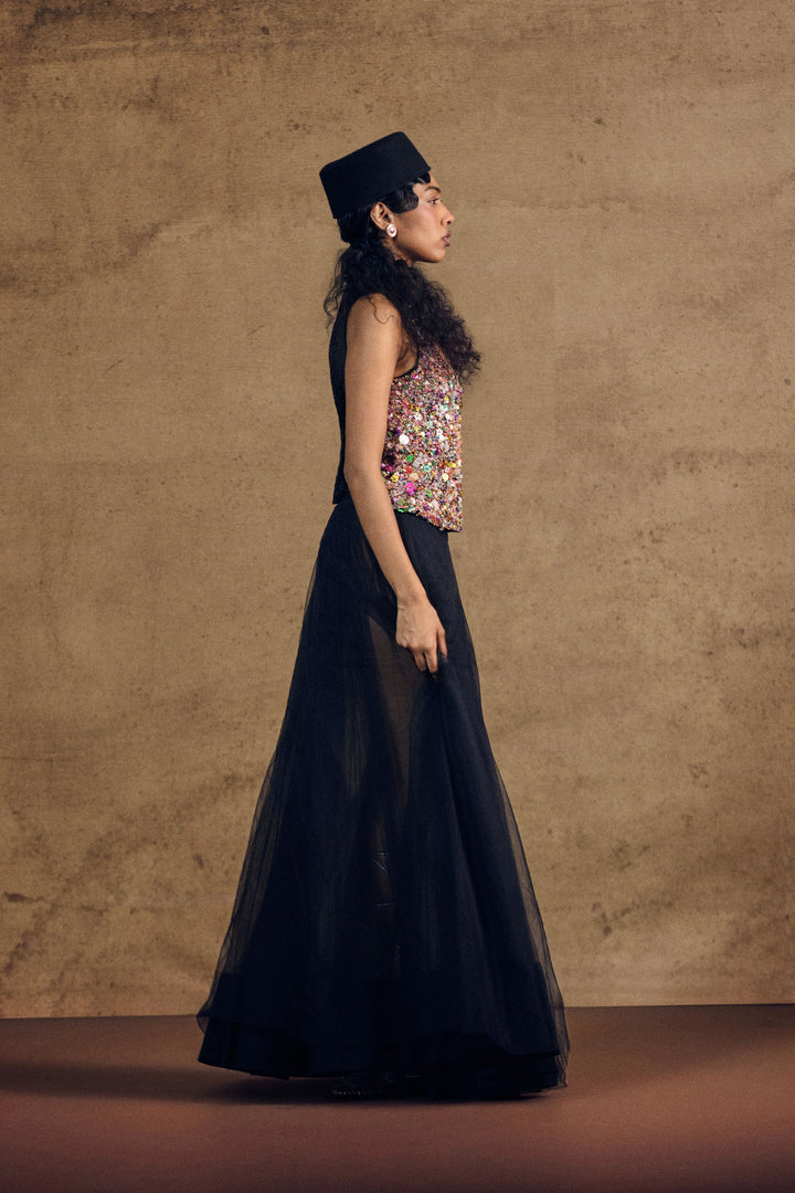 Sufi Embroidery Top And Layered Skirt Set