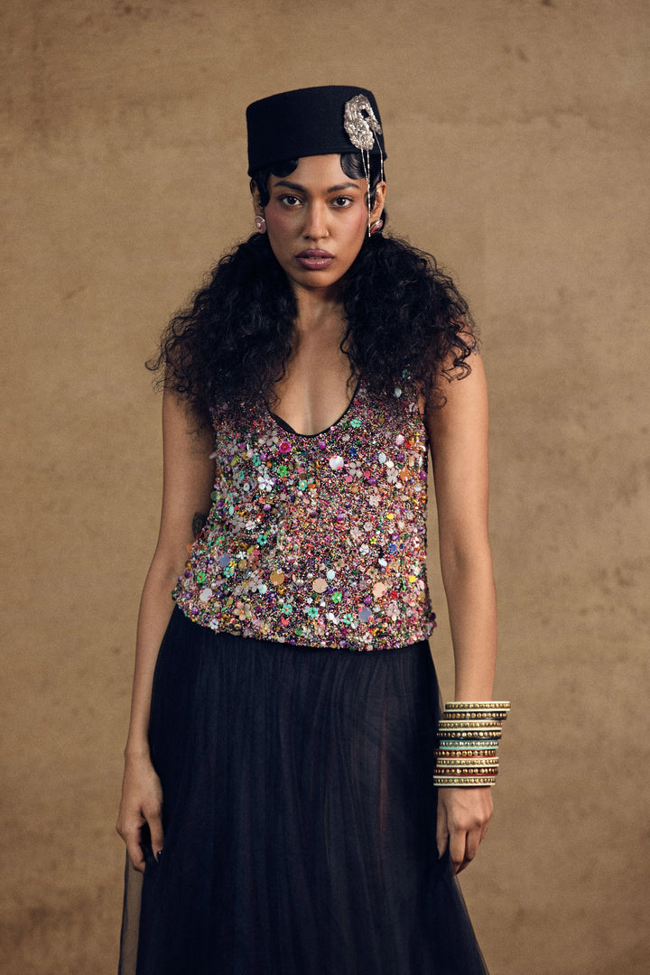 Sufi Embroidery Top And Layered Skirt Set