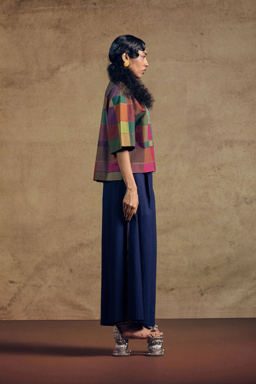 Kamdhenu Oversize Top And Blue Fluid Wide - Leg Pant Set