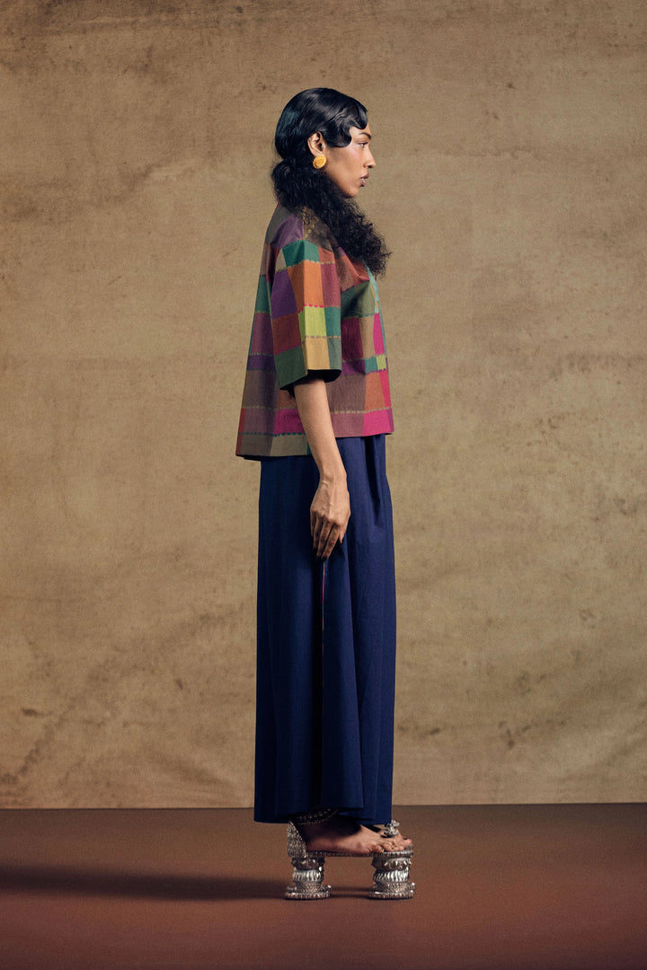 Kamdhenu Oversize Top And Blue Fluid Wide - Leg Pant Set