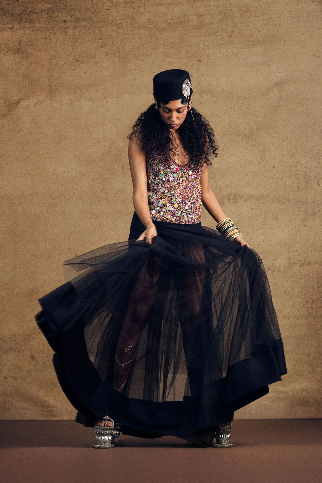 Sufi Embroidery Top And Layered Skirt Set