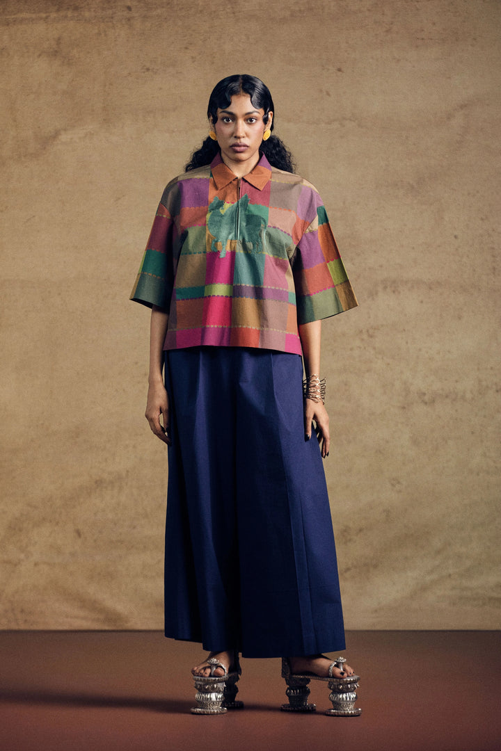 Kamdhenu Oversize Top And Blue Fluid Wide - Leg Pant Set