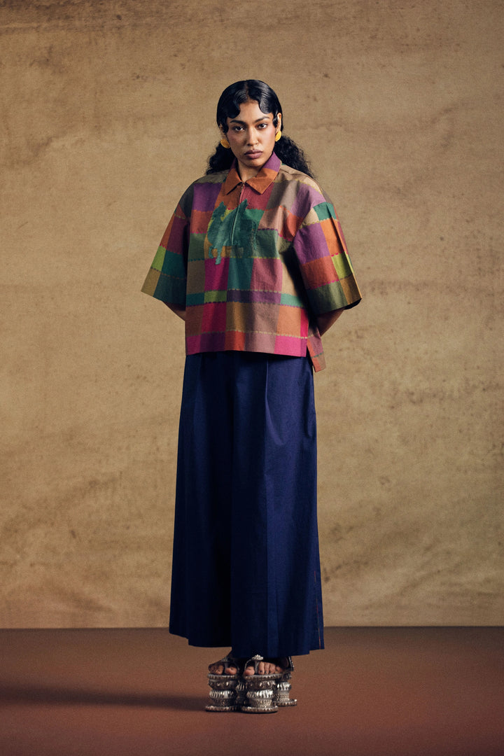 Kamdhenu Oversize Top And Blue Fluid Wide - Leg Pant Set