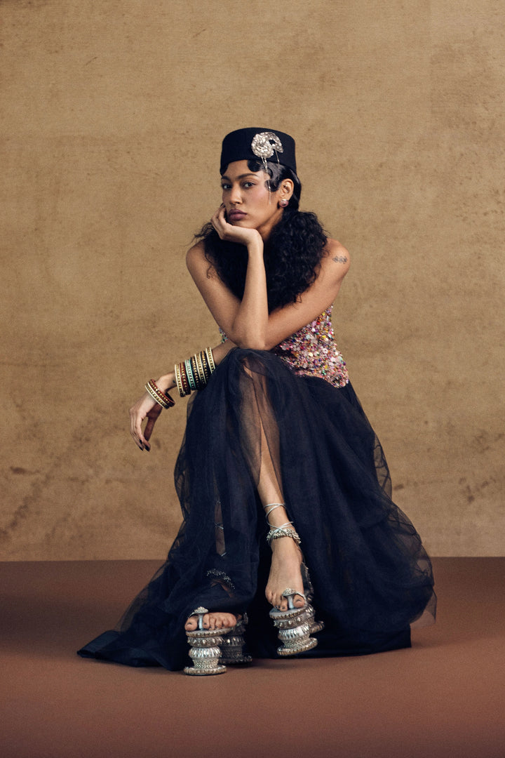 Sufi Embroidery Top And Layered Skirt Set