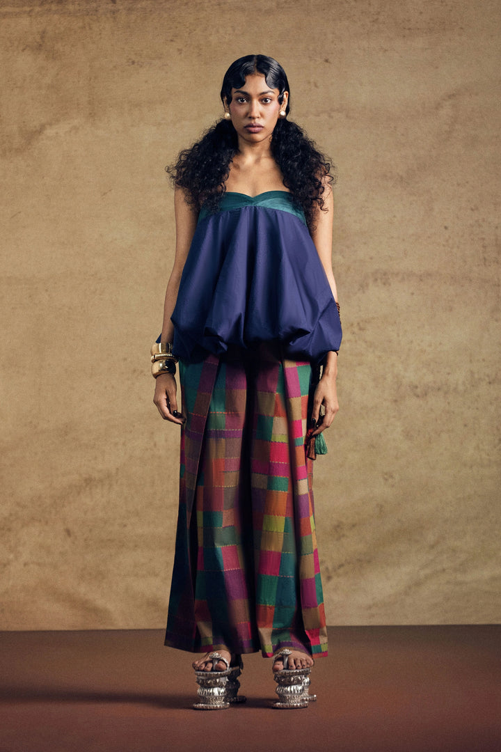 Abha Ballon Top And Multi Check Box - Pleat Pant Set