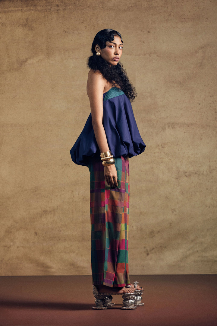 Abha Ballon Top And Multi Check Box - Pleat Pant Set