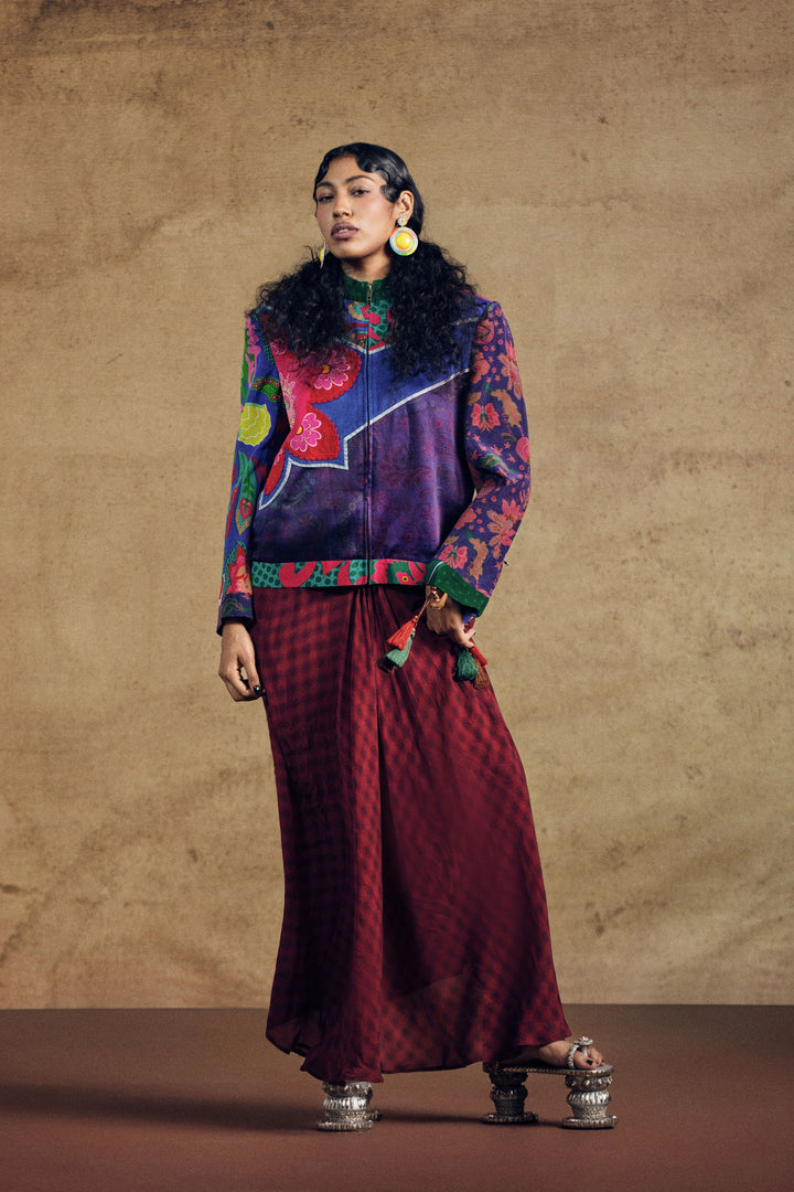 Multi Printed Jacket And Draped Skirt Set