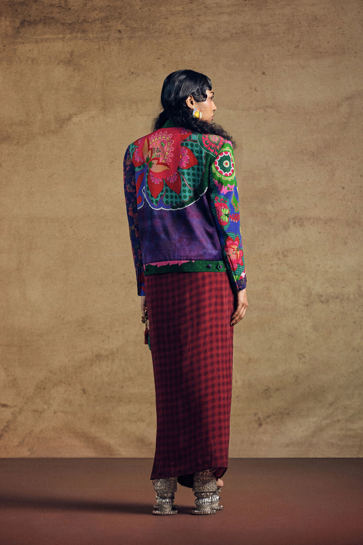 Multi Printed Jacket And Draped Skirt Set