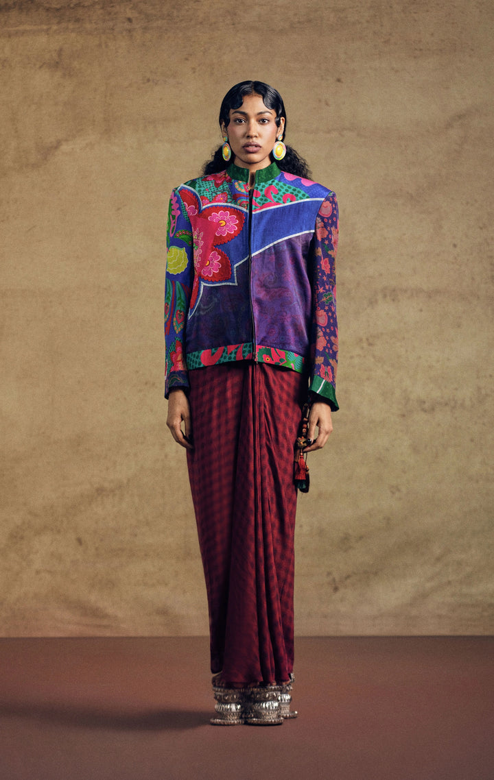 Multi Printed Jacket And Draped Skirt Set