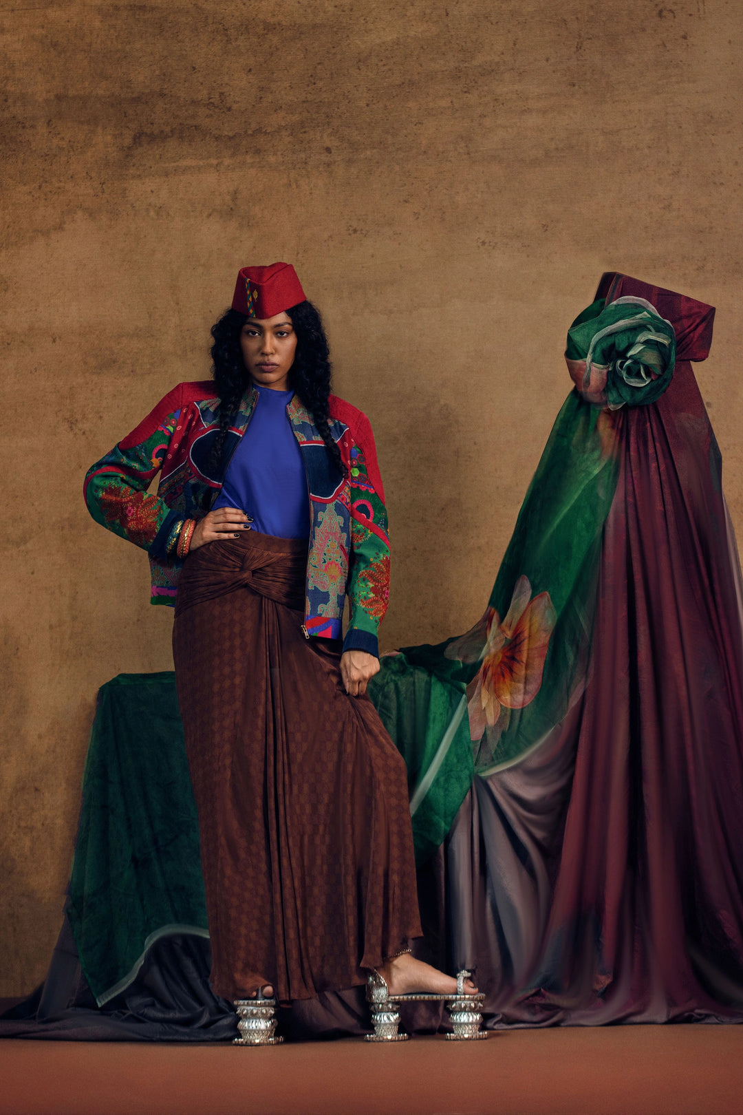 Paiseley Multi Panel Jacket And Draped Skirt Set