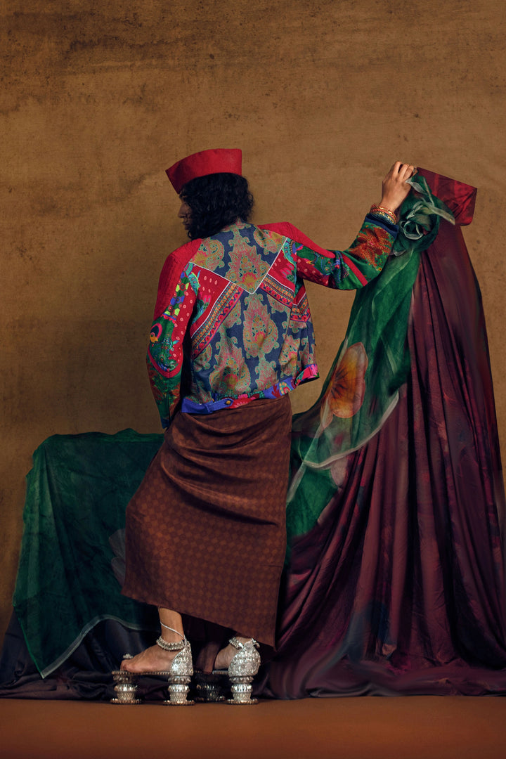 Paiseley Multi Panel Jacket And Draped Skirt Set