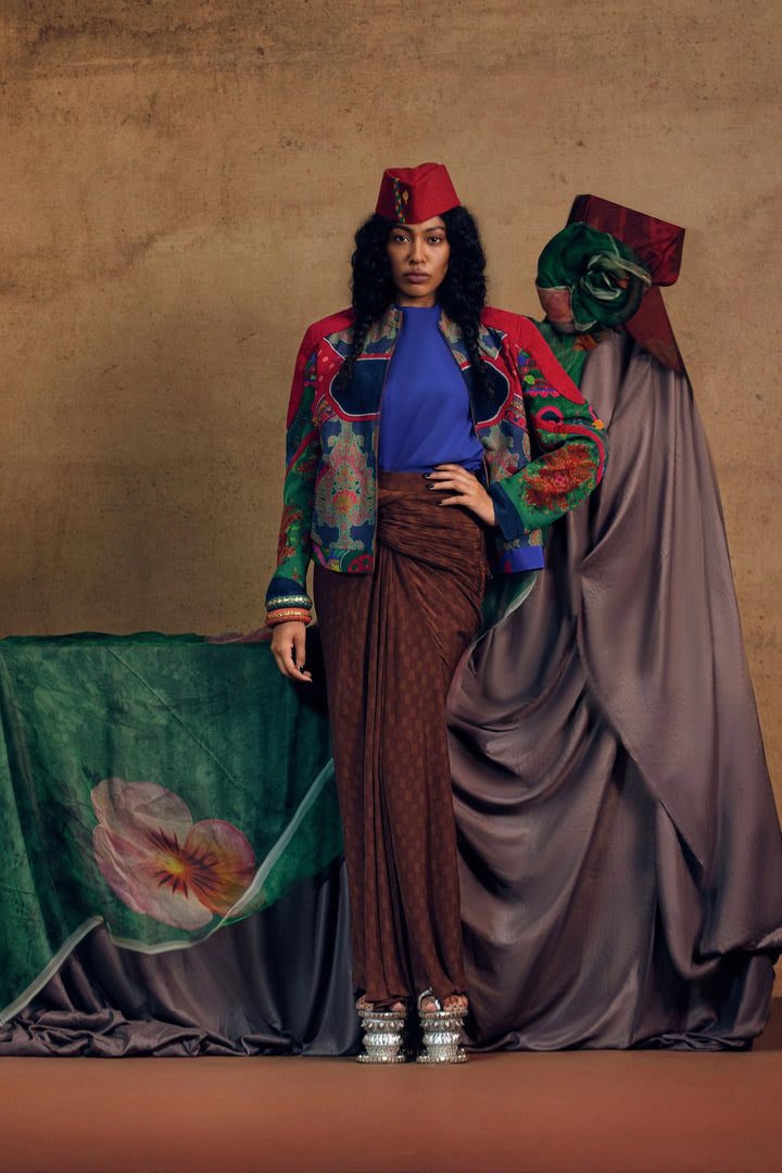 Paiseley Multi Panel Jacket And Draped Skirt Set
