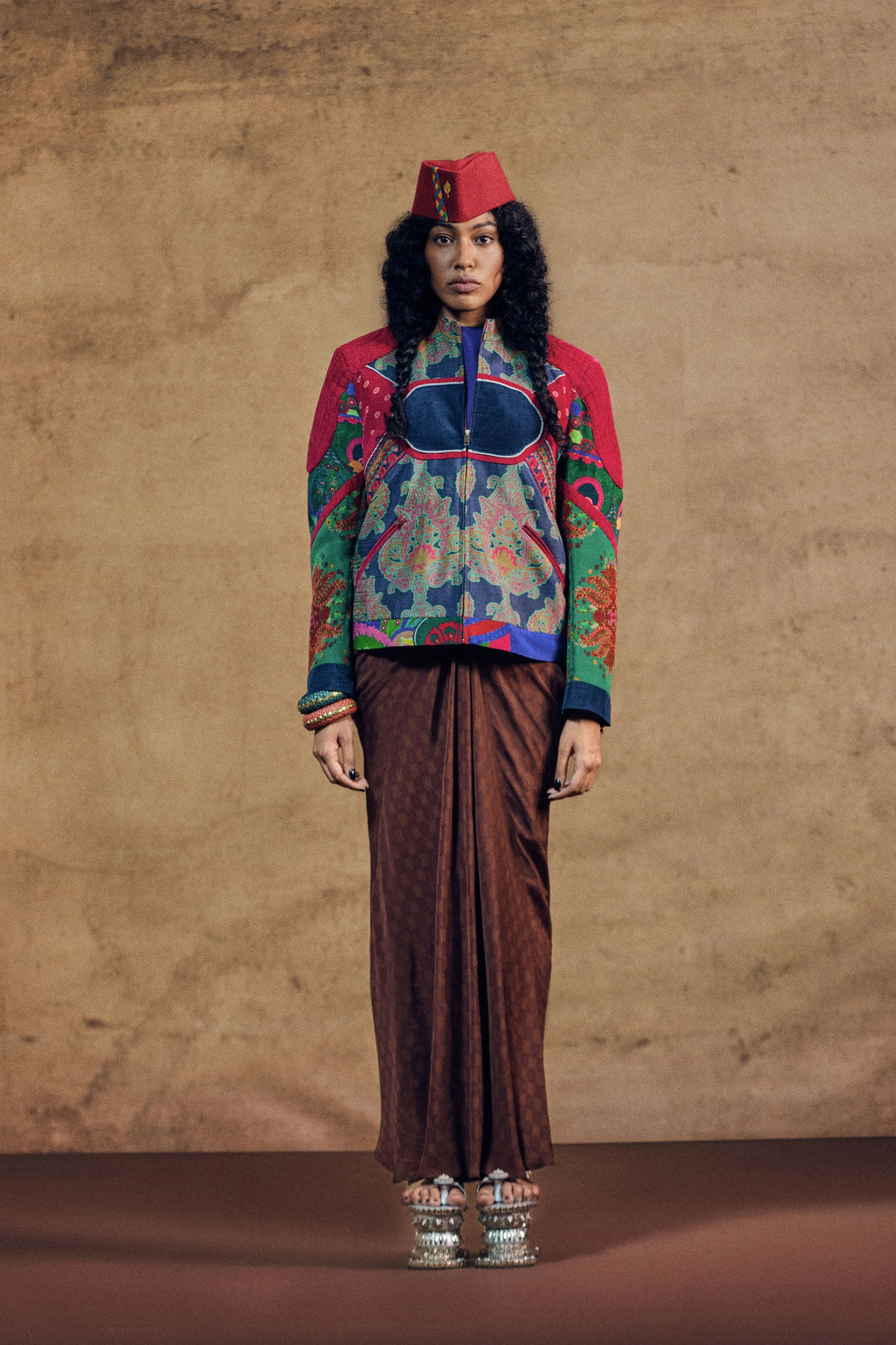 Paiseley Multi Panel Jacket And Draped Skirt Set