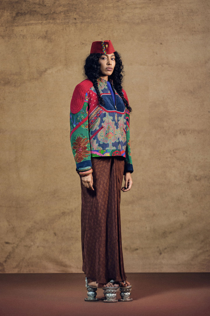 Paiseley Multi Panel Jacket And Draped Skirt Set