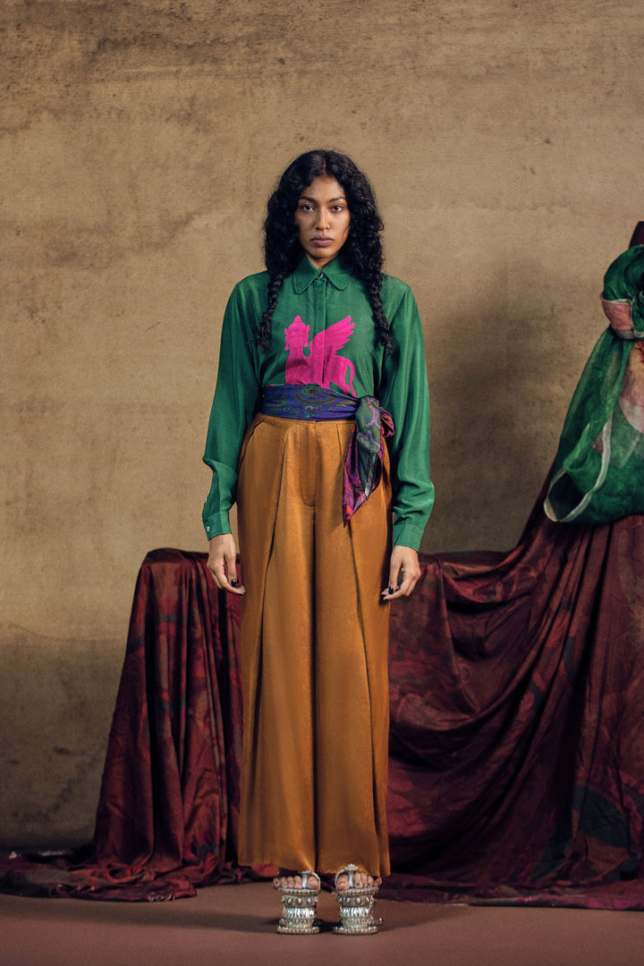 Printed Cotrise Pocket Jacket And Golden Front Pleated Pant Set