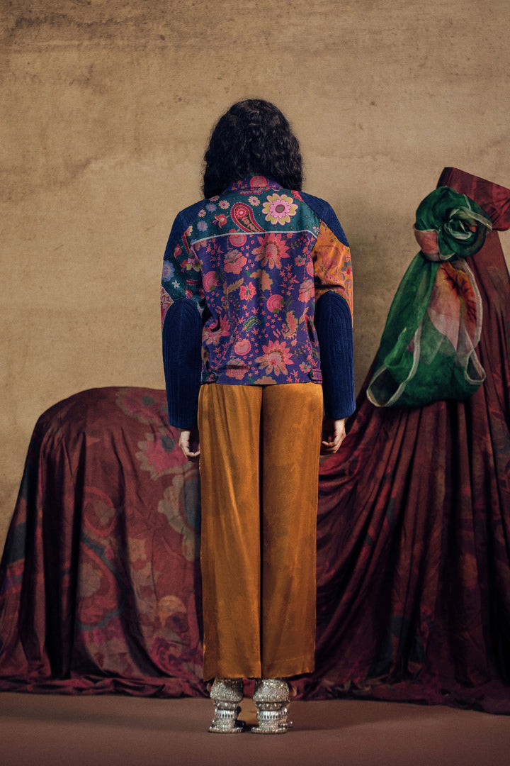 Printed Cotrise Pocket Jacket And Golden Front Pleated Pant Set