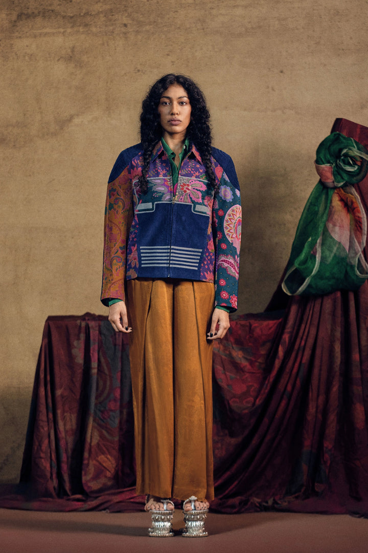 Printed Cotrise Pocket Jacket And Golden Front Pleated Pant Set