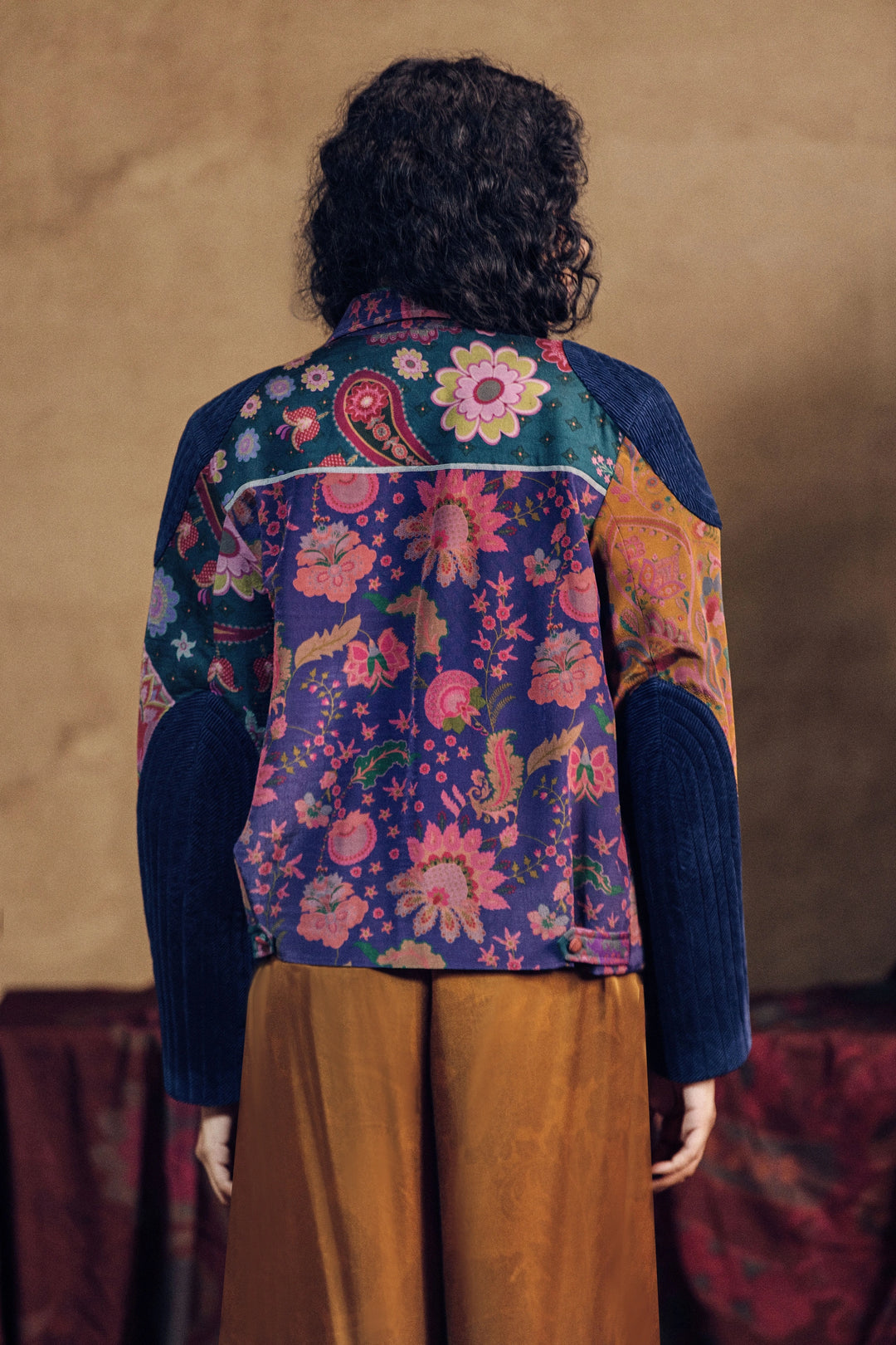 Printed Cotrise Pocket Jacket And Golden Front Pleated Pant Set