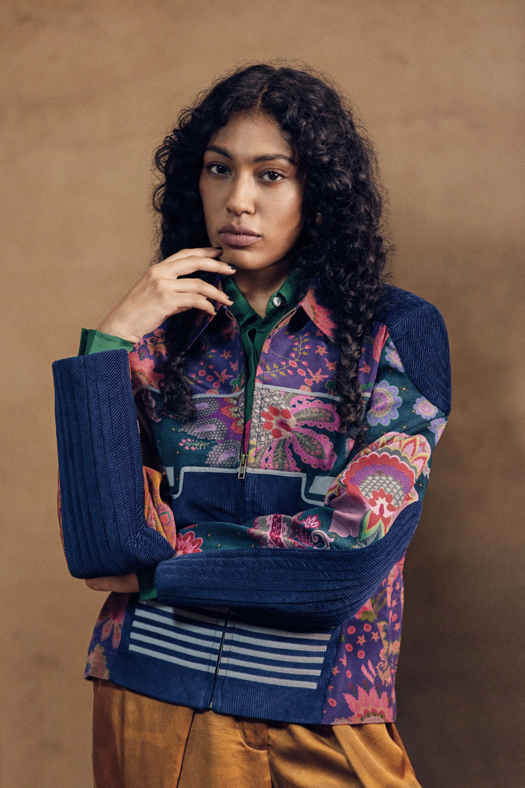 Printed Cotrise Pocket Jacket And Golden Front Pleated Pant Set