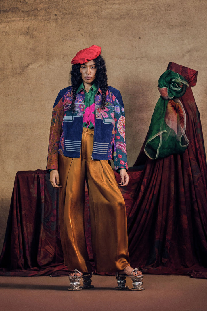 Printed Cotrise Pocket Jacket And Golden Front Pleated Pant Set