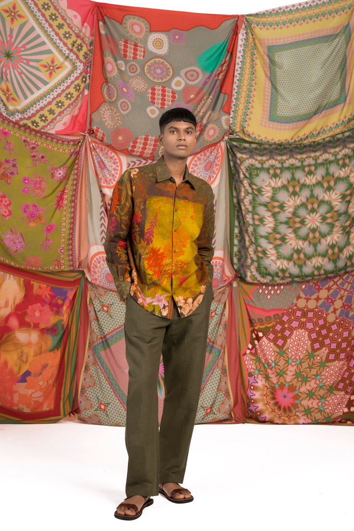 Olive Bloom Linen Shirt-Shirts-Siddhartha Bansal