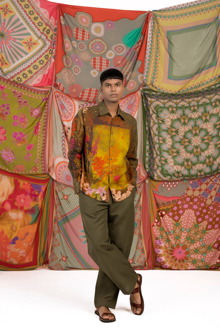 Olive Bloom Linen Shirt-Shirts-Siddhartha Bansal