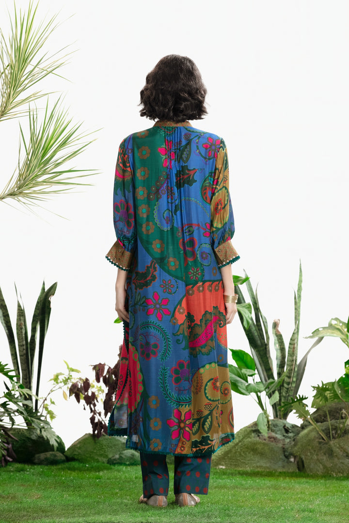 BLUE FLORAL PRINTED KURTA SET-Kaftan-Siddhartha Bansal