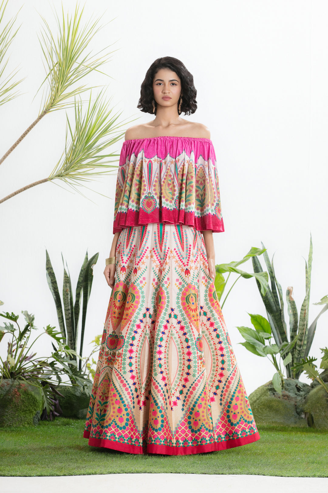 IVORY PRINTED CIRCULAR TOP AND SKIRT-Kaftan-Siddhartha Bansal