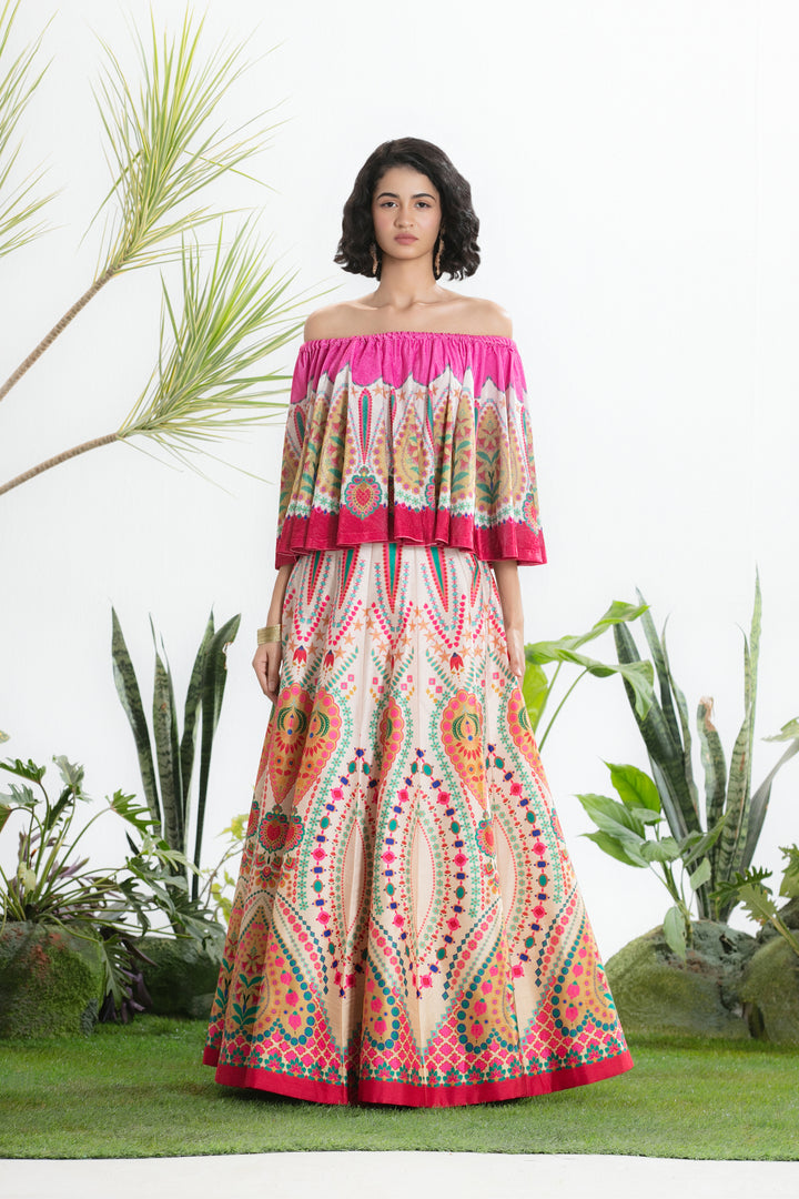 IVORY PRINTED CIRCULAR TOP AND SKIRT-Kaftan-Siddhartha Bansal