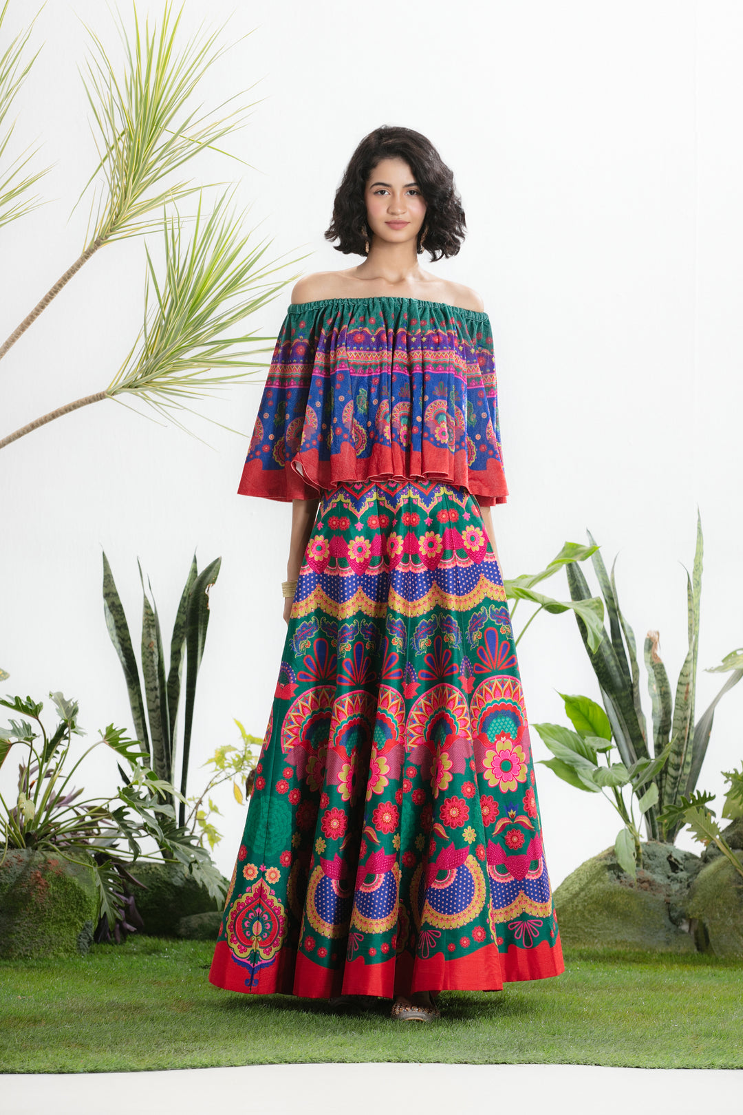 GREEN PRINTED CIRCULAR TOP AND SKIRT-Kaftan-Siddhartha Bansal