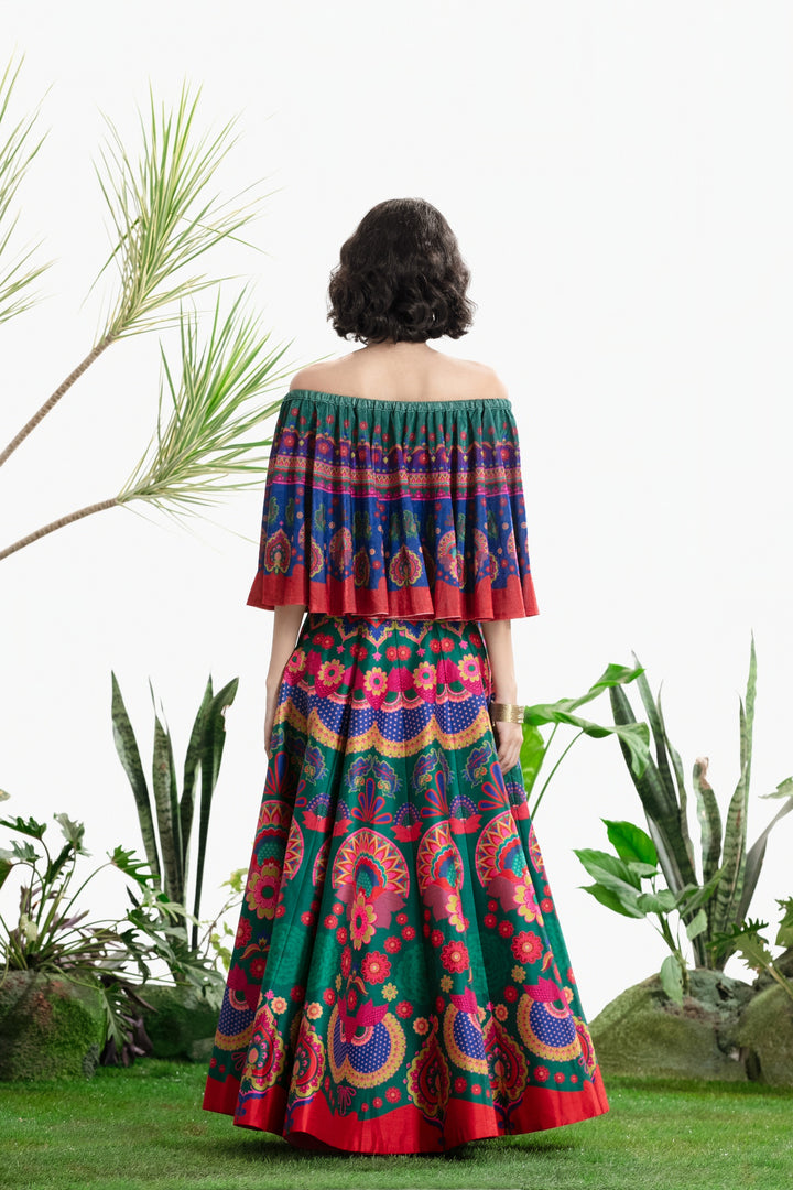 GREEN PRINTED CIRCULAR TOP AND SKIRT-Kaftan-Siddhartha Bansal