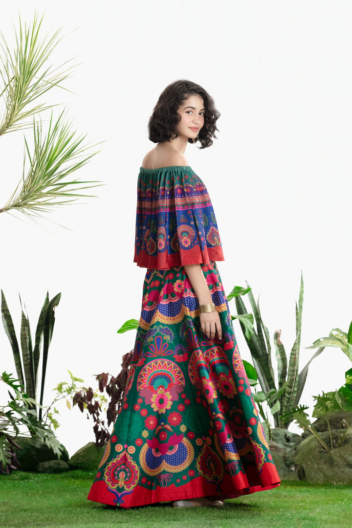 GREEN PRINTED CIRCULAR TOP AND SKIRT-Kaftan-Siddhartha Bansal